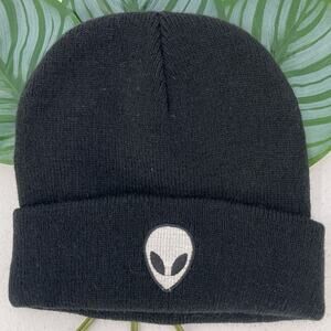 Y2K Black Silver Embroidered Alien Cuffed Knit Acrylic Stretch Youth Beanie Hat